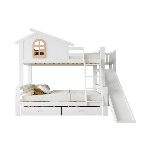 Lit superposé cabane avec toboggan + tiroirs - cadre en pin - 90x200cm + 120x200cm - Blanc