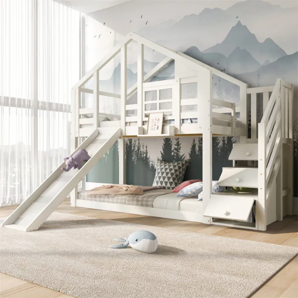 Lit superposé 90×200cm avec toboggan et escaliers,Lit maison cabane pour enfants,2xsommier à lattes,Blanc