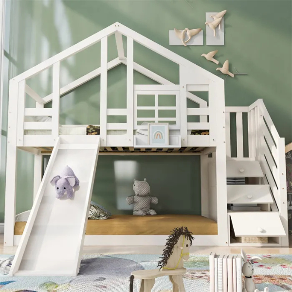Lit superposé 90×200cm avec toboggan et escaliers,Lit maison cabane pour enfants,2xsommier à lattes,Blanc