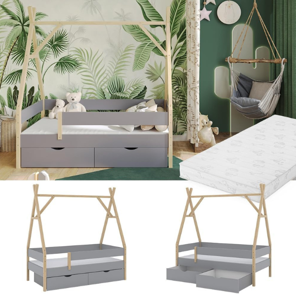 Lit Tipi Bali, Gris, 80x160 cm avec 2 tiroirs et Matelas