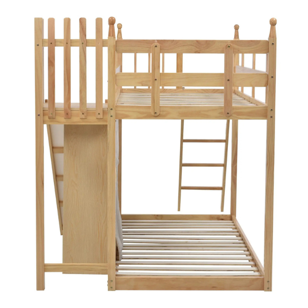 Lit superposé avec toboggan et étagère, sans matelas, 90x200 cm, naturel