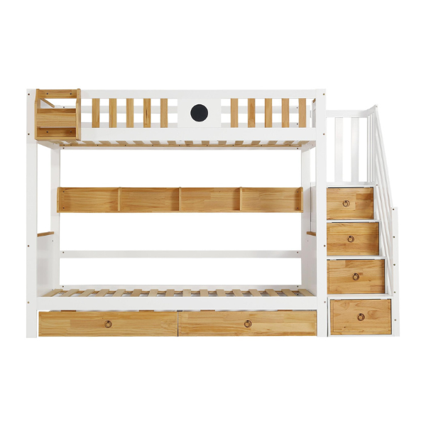 Lit superposé avec escalier de rangement - 90x200cm - 4 casiers dans l'escalier et 2 tiroirs sous le lit - avec sommier à lattes - Blanc
