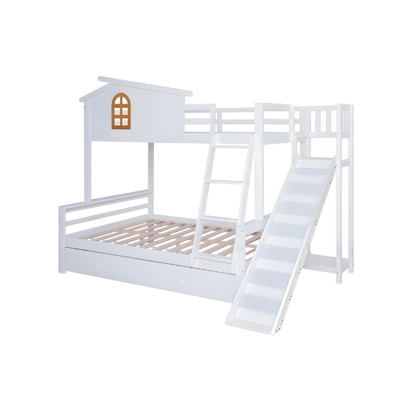 Lit superposé cabane avec toboggan + tiroirs - cadre en pin - 90x200cm + 120x200cm - Blanc