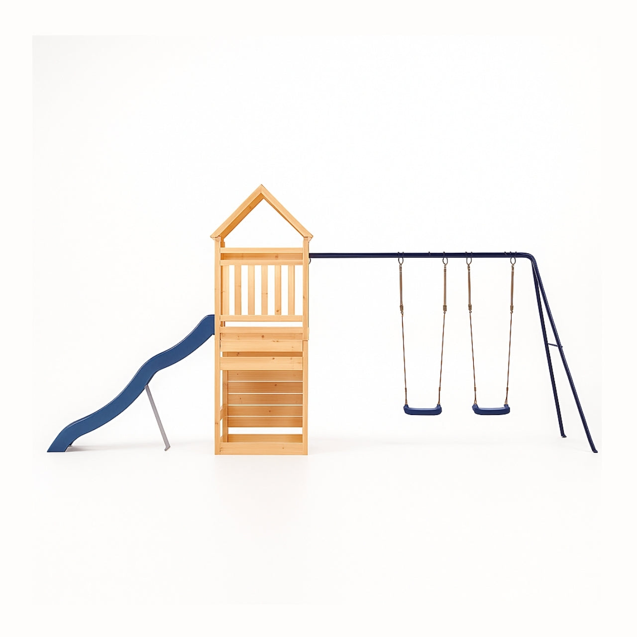 Balançoire double avec Toboggan Tour Maison/Cabane et Mur d’escalade – Enfant 3-8 ans - Aire de jeux Montessori en bois - Joie au jardin - Livraison Rapide