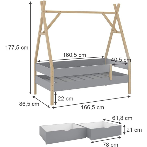 Lit Tipi Bali, Gris, 80x160 cm avec 2 tiroirs et Matelas