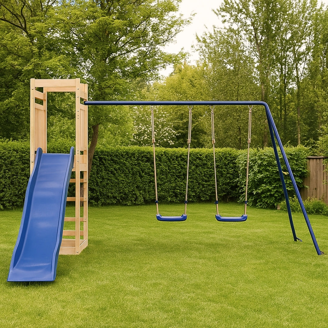 Balançoire double avec Toboggan et Echelle d’escalade – Enfant 3-8 ans - Aire de jeux Montessori sécurité & joie au jardin - Livraison Octobre 2025