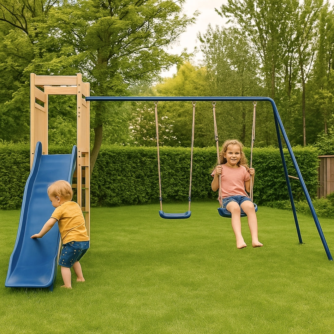 Balançoire double avec Toboggan et Echelle d’escalade – Enfant 3-8 ans - Aire de jeux Montessori sécurité & joie au jardin - Livraison Octobre 2025