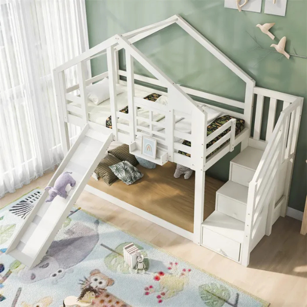 Lit superposé 90×200cm avec toboggan et escaliers,Lit maison cabane pour enfants,2xsommier à lattes,Blanc