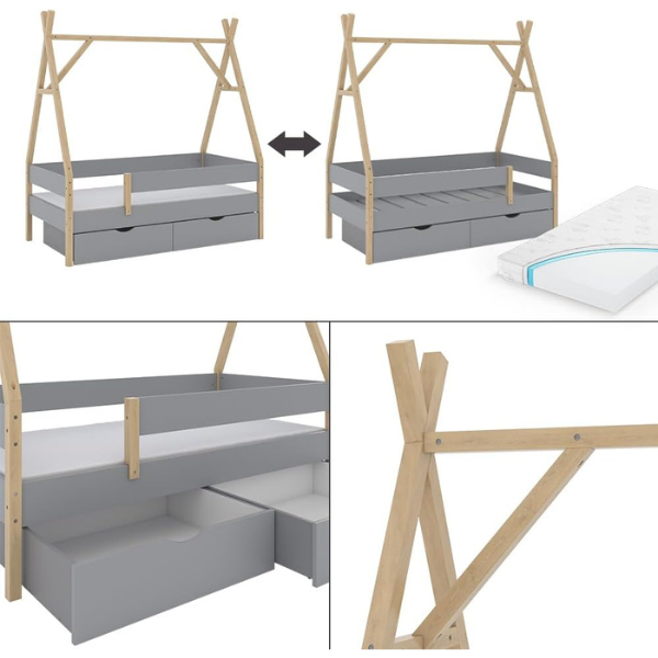 Lit Tipi Bali, Gris, 80x160 cm avec 2 tiroirs et Matelas