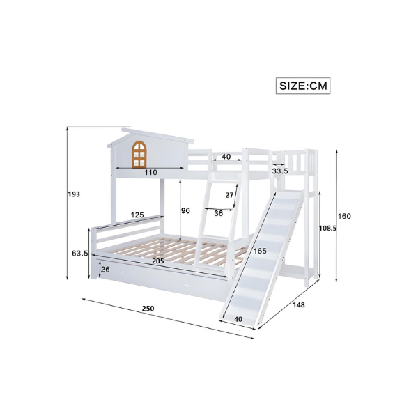 Lit superposé cabane avec toboggan + tiroirs - cadre en pin - 90x200cm + 120x200cm - Blanc