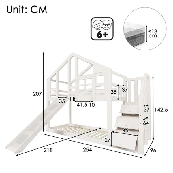 Lit superposé 90×200cm avec toboggan et escaliers,Lit maison cabane pour enfants,2xsommier à lattes,Blanc