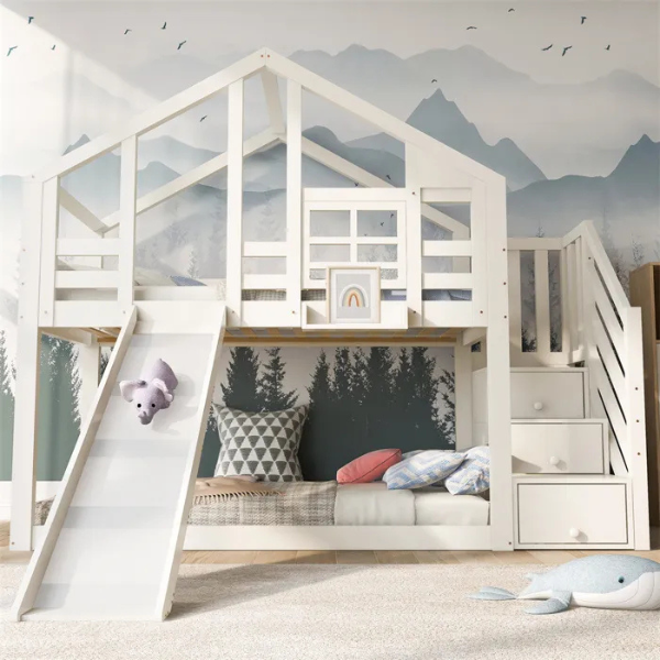Lit superposé 90×200cm avec toboggan et escaliers,Lit maison cabane pour enfants,2xsommier à lattes,Blanc