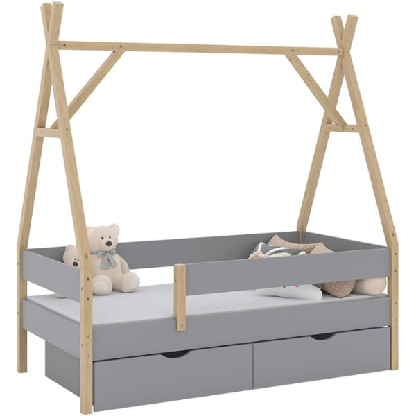 Lit Tipi Bali, Gris, 80x160 cm avec 2 tiroirs et Matelas