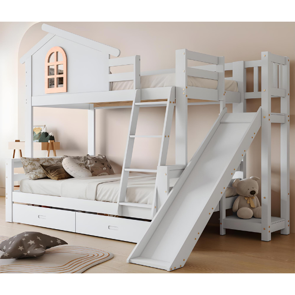 Lit superposé cabane avec toboggan + tiroirs - cadre en pin - 90x200cm + 120x200cm - Blanc