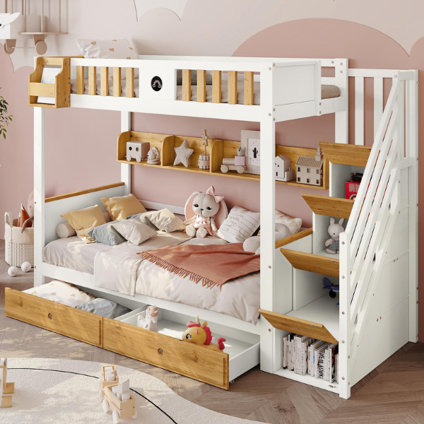 Lit superposé avec escalier de rangement - 90x200cm - 4 casiers dans l'escalier et 2 tiroirs sous le lit - avec sommier à lattes - Blanc