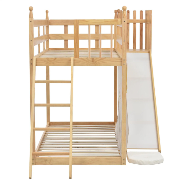Lit superposé avec toboggan et étagère, sans matelas, 90x200 cm, naturel