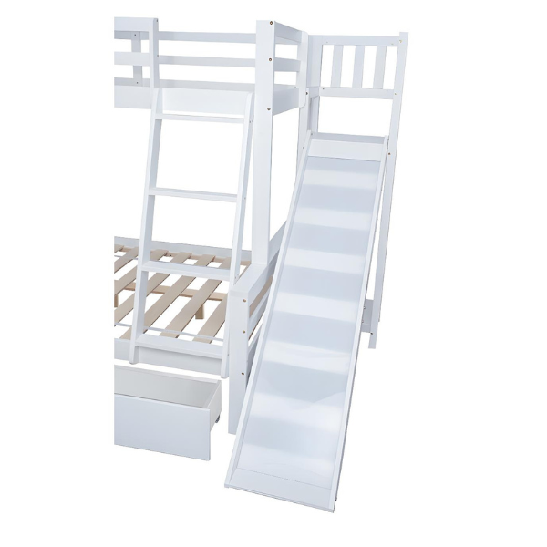 Lit superposé cabane avec toboggan + tiroirs - cadre en pin - 90x200cm + 120x200cm - Blanc