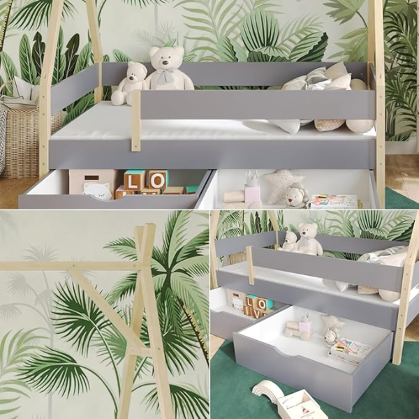Lit Tipi Bali, Gris, 80x160 cm avec 2 tiroirs et Matelas