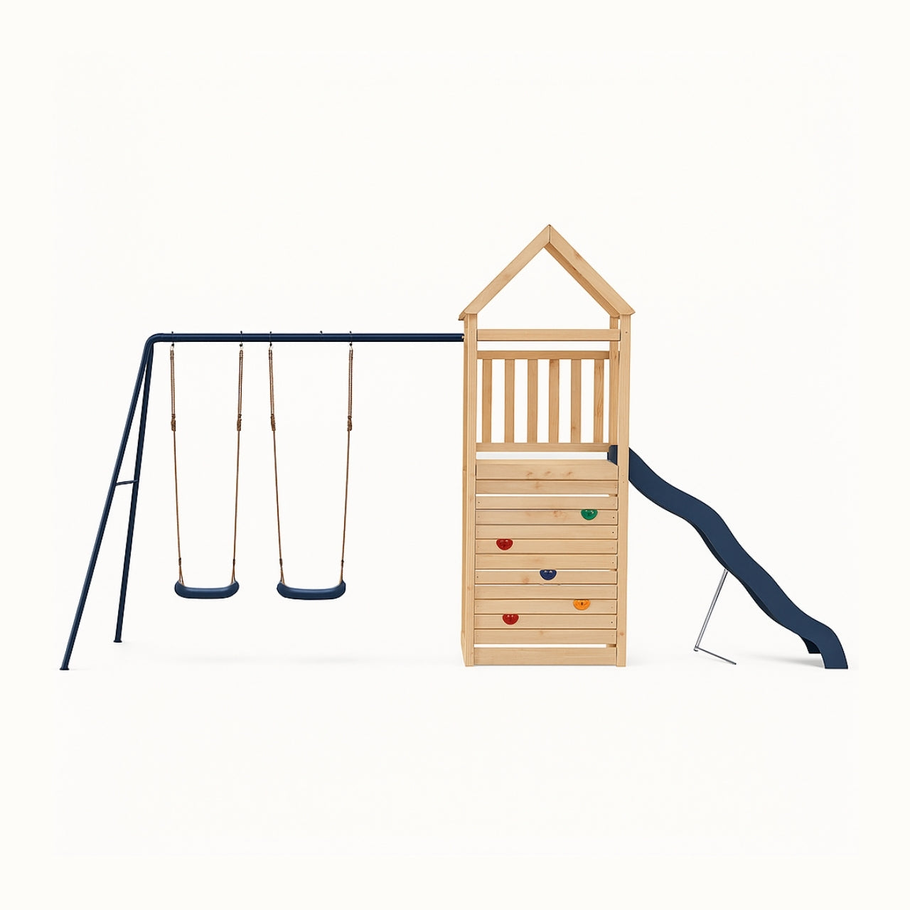 Balançoire double avec Toboggan Tour Maison/Cabane et Mur d’escalade – Enfant 3-8 ans - Aire de jeux Montessori en bois - Joie au jardin - Livraison Rapide