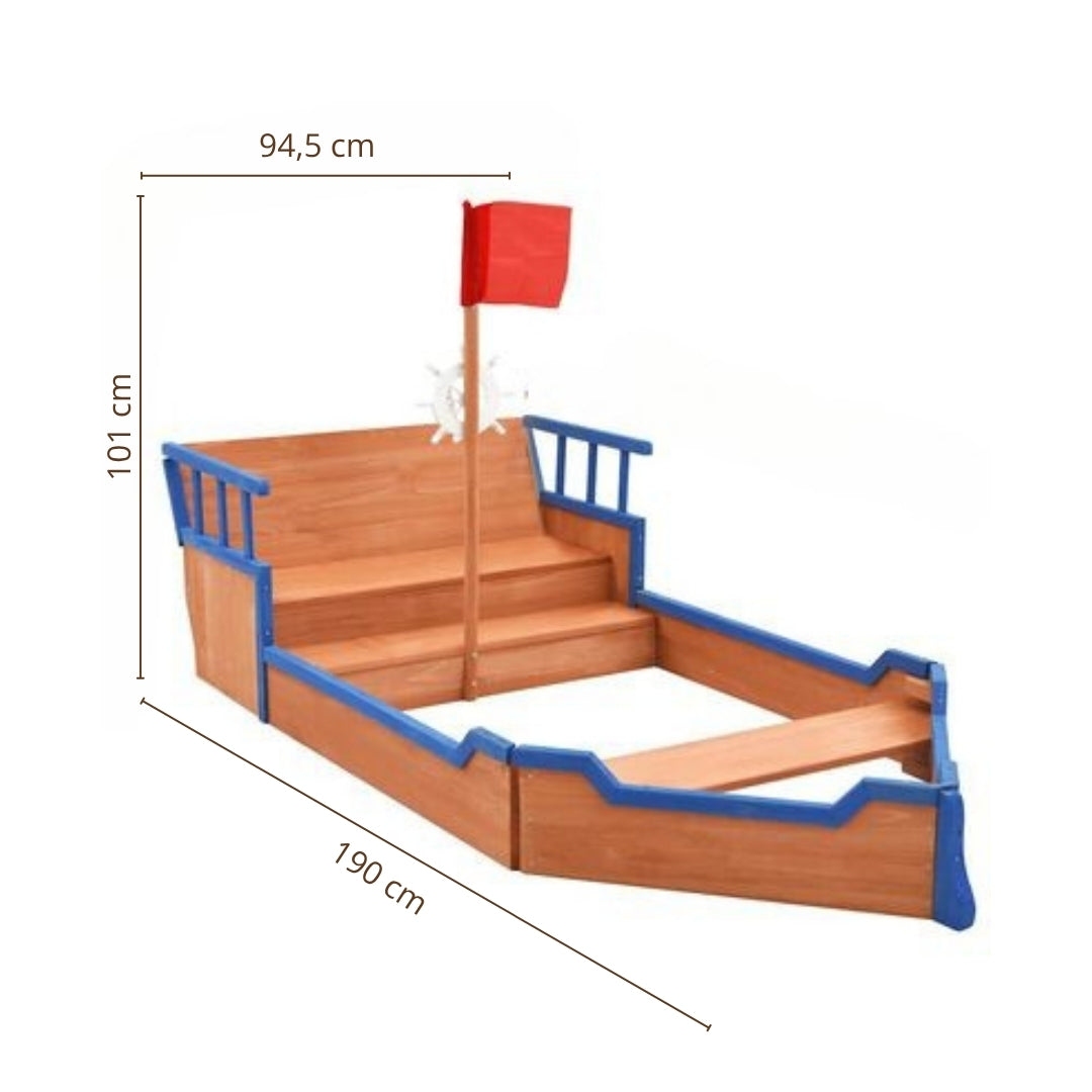 Bac à sable bateau pirate en bois 190x94.5 cm – Jeu extérieur créatif 3-9 ans