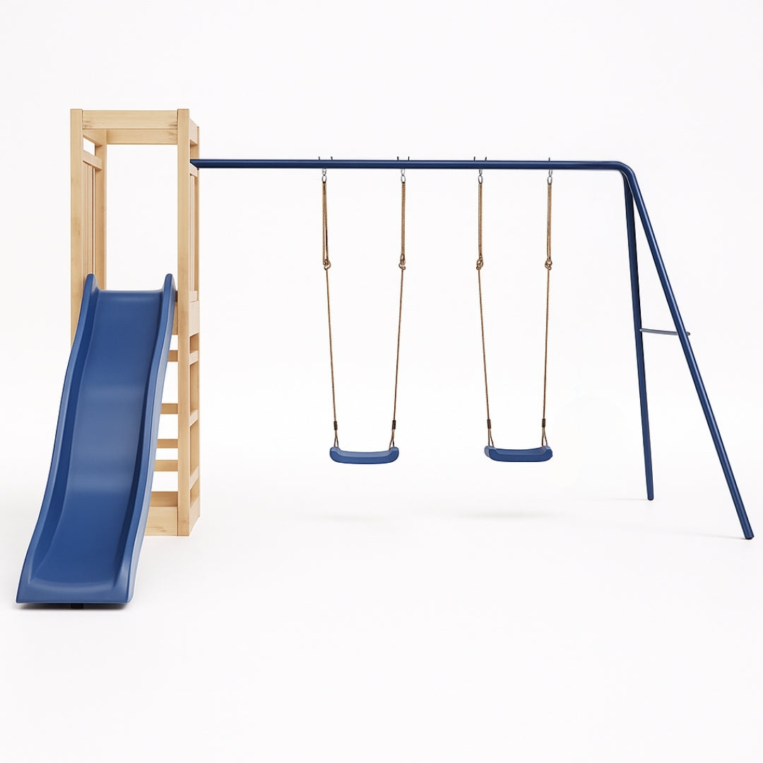 Balançoire double avec Toboggan et Echelle d’escalade – Enfant 3-8 ans - Aire de jeux Montessori sécurité & joie au jardin - Livraison Octobre 2025
