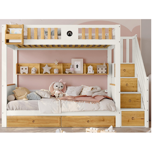 Lit superposé avec escalier de rangement - 90x200cm - 4 casiers dans l'escalier et 2 tiroirs sous le lit - avec sommier à lattes - Blanc