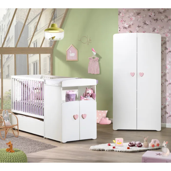 Lit Bébé Combiné Évolutif 60x120 En 90x190 - Boutons Cœur Rose