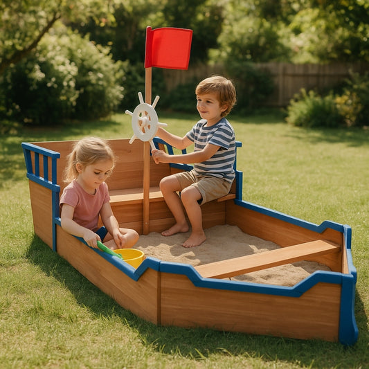 Bac à sable bateau pirate en bois 190x94.5 cm – Jeu extérieur créatif 3-9 ans